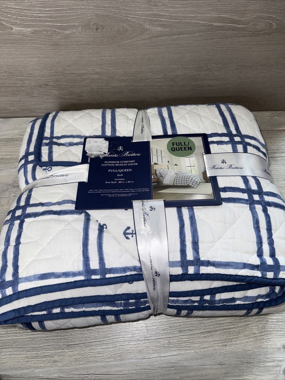 ✨New Brooks Brothers Blue White Anchor Full/queen Quilt Set Muslin Gauze
